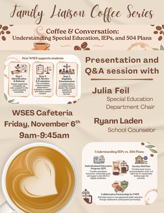 Flyer for Family Liaison Coffee series discussing special education