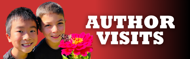  2 boys smiling with pink flower with a red and black gradient background with ‘Author Visits’ in white writing