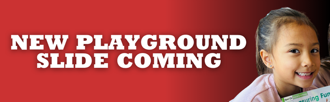 Girl smiling with red and black gradient background with white text âNew playground slide comingâ
