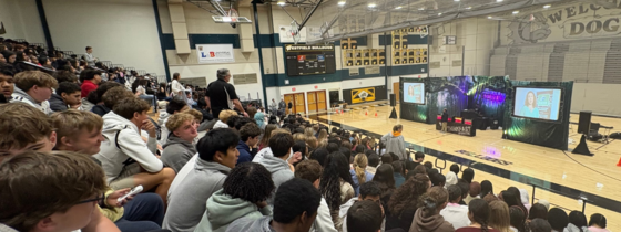 Think fast presentation students sitting in gym