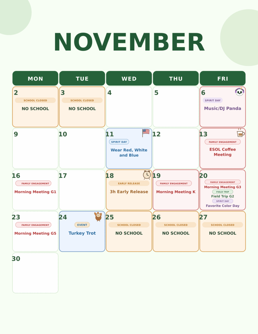 November Activity and Planning Calendar
