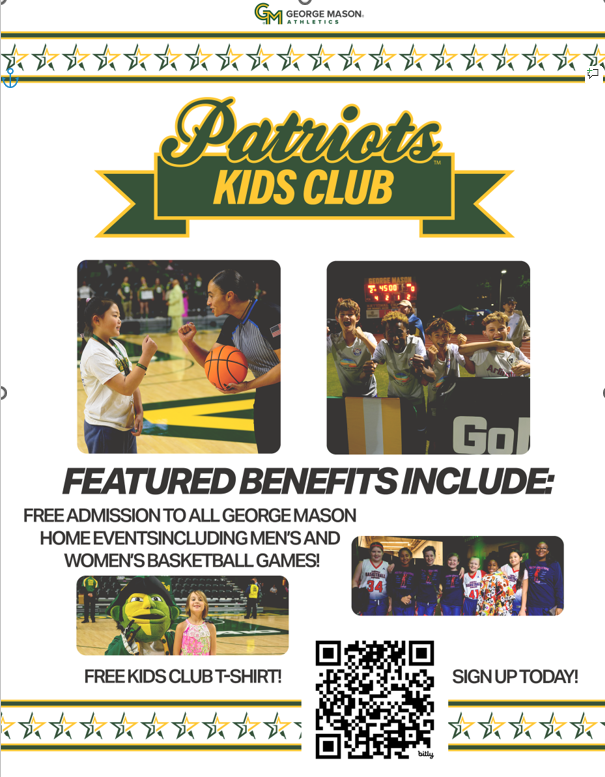 flier advertising the GMU Patriots Kids' Club