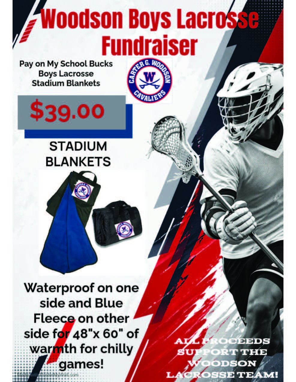 Woodson Boys Lacrosse Fundraiser for stadium blankets with lacrosse plaer