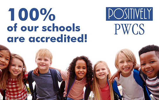100 Percent of our schools are accredited Positively PWCS logo Group of smiling children