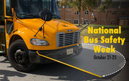 School Bus with doors open and gate extended. Text: National School Bus Safety Week 