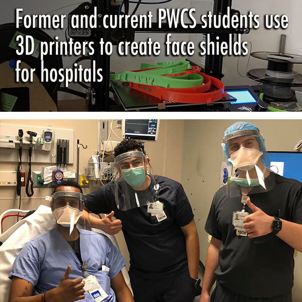 Current and former PWCS students create face shields using 3D printers.