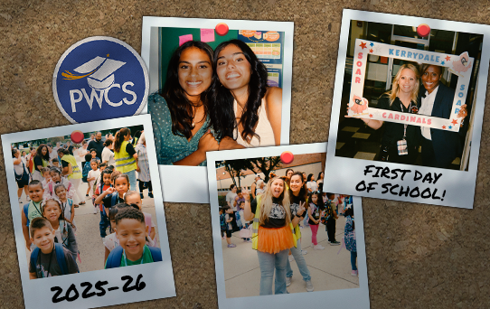 Graphic of bulletin board with Poloroid pictures of various first day of school activities