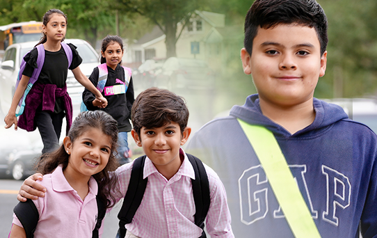 Collage with a student crossing guard posing for the camera; students walking to school