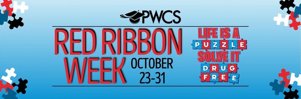 Red Ribbon Week Graphic with puzzle pieces and the theme text "Life is a puzzle, solve it drug-free"