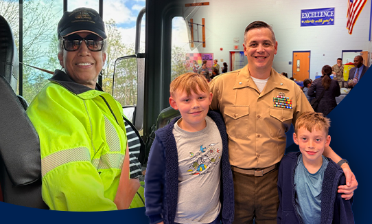 Bus driver and two students with their father at a military event