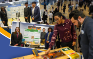 students at STEM Research symposium showing projects at tables