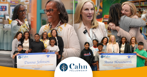 collage of principals winning cahn fellowship award, including pictures with students and superintendent