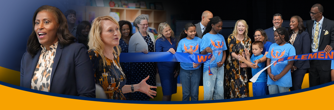 collage of Dr. McDade, principal LeVecchi, and others at the ribbon cutting