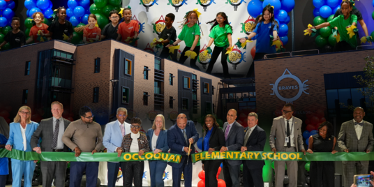 collage of leadership members cutting ribbon, students dancing, exterior of school