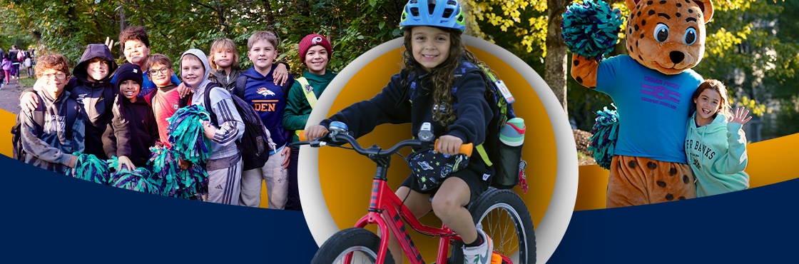 a collage of a group of elementary-aged boys smiling, a young boy on a bike, and a girl smiling with a wild cat mascot