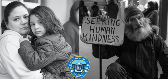 homelessness task force banner with mother and child and a man in the subway with a sign that reads seeking human kindness