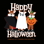 Three cartoon foxes in halloween costumes.