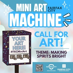 Blue and white graphic with a purple mini art machine and the Call for Art with the Theme Making Spirits Bright