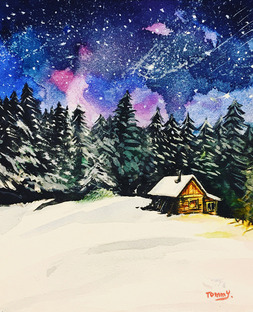 Snow scene with log cabin and a purplish blue night sky behind fir trees