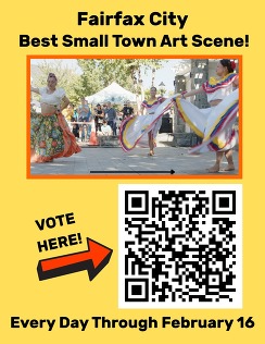 Picture of three ladies in white flowing dresses dancing outdoors at a fiesta and QR code to vote for Best Small Town Art Scene