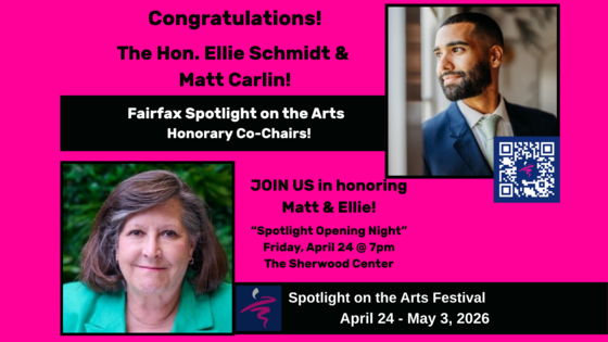 pink background with headshots of a man and a woman, a QR code and Spotlight Opening Night informatioin  