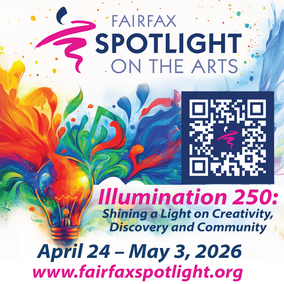 graphic with multicolor lightbulb and sprays of color, a QR code and information about Spotlight on the Arts April 24 - May 3