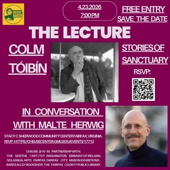 graphic with pink background and two black and white photos of middle aged men who will be presenting a lecture