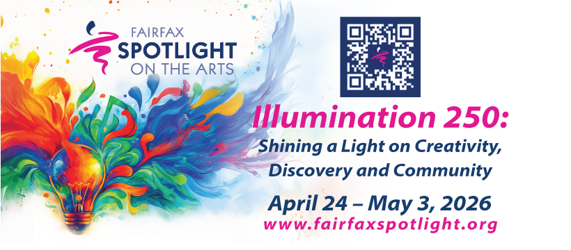 Graphic with colorful light bulb and color splatter coming out of it with Fairfax Spotlight on the Arts QR code 