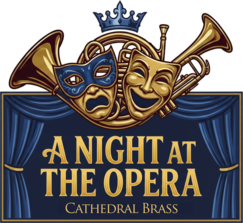 graphic with gold horn and comical theatre masks and A Night at the Opera
