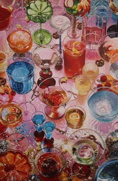 painting pink background and lots of drinking glasses, and other items you would find at a restaurant table all placed all over the canvas 