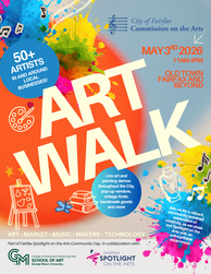 contemporary design with orange blue and yellow circles and text for the Art Walk in Old Town Fairfax on May 3
