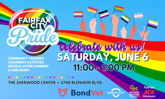 Fairfax City Pride logo with event information. A rainbow and flags in the background.