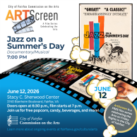 ArtScreen logo, movie poster, and event information. A film strip cuts across the middle of the image.