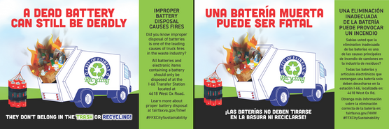 battery disposal safety information next to a trash truck