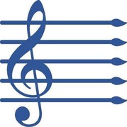 a blue treble clef on a blue musical staff with a white background