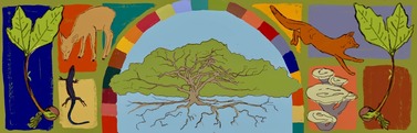 Horizontal painted mural with a green leafy tree at the center and local animals and plants/mushrooms surrounding it