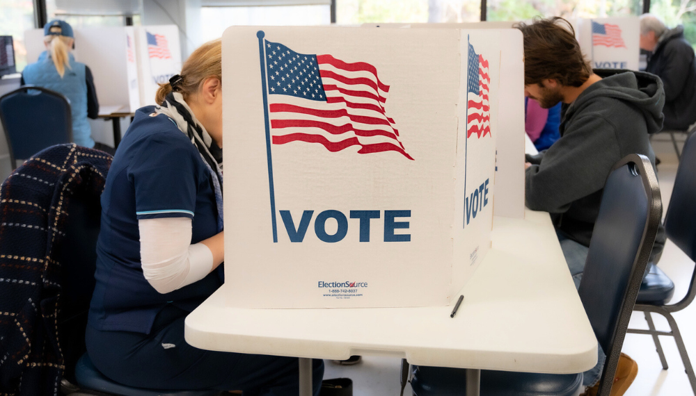 Image of people behind voting divider that says "Vote"
