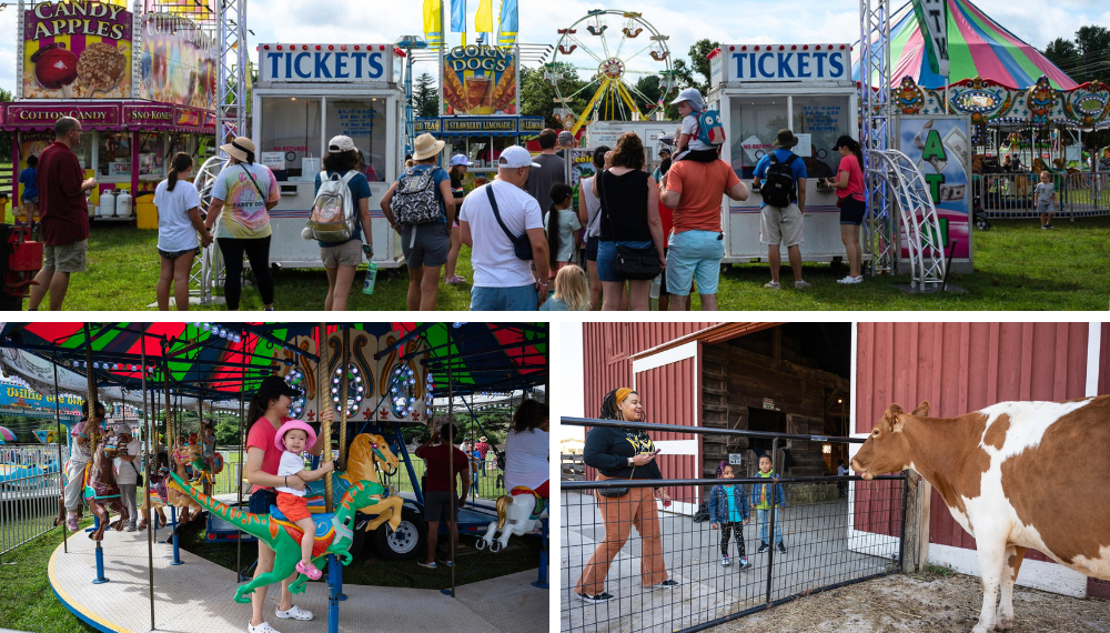 Image collage of people at the Fall Carnival waiting in the ticket line, on the carousel and meeting farm animals