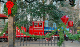 Image of the red holiday train at Burke Lake Park