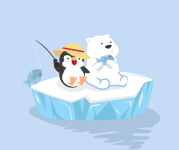 Cartoon image of a penguin and polar bear fishing off an iceberg 