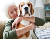 Woman hugging a tan and white dog.