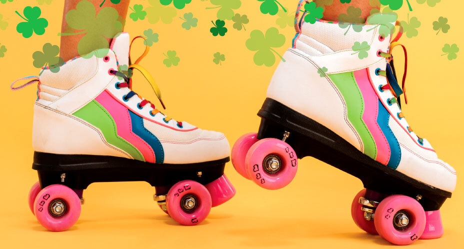Image of pink rolling skates with a yellow background and green clovers 