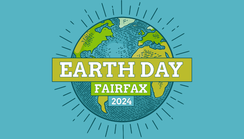 Earth Day Fairfax logo. The text "Earth Day Fairfax 2024" is outlined in a blue box in front of a graphic of the Earth