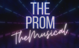 Graphic with the text "The Prom The Musical" in a purple and blue neon style font