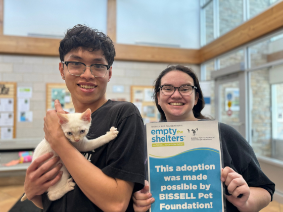 White kitten with his new parents.