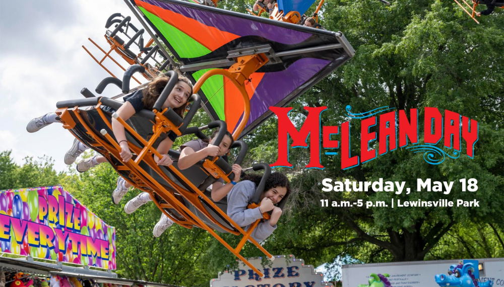 Image of kids on a hang glider ride. Text on the image says "McLean Day. Saturday, May 18. 11 a.m.-5 p.m. Lewinsville Park