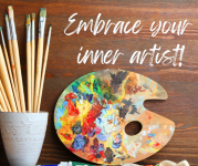 Graphic with an art palette, brushes and the text: Embrace your inner artist
