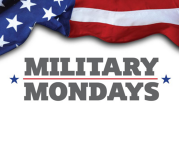 Graphic with an American flag at the top and the text "Military Mondays"
