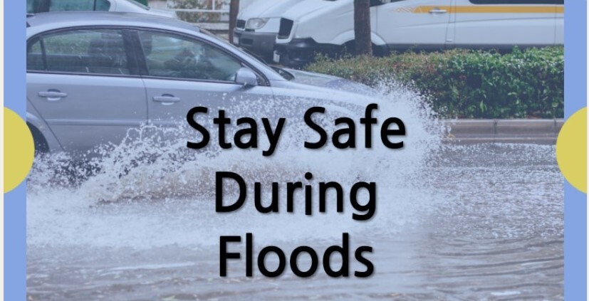 stay safe during flood graphic with a flooded car