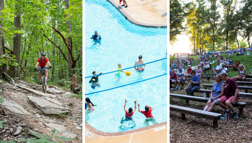 Image collage of summer activities like biking, playing in a pool and summer concerts